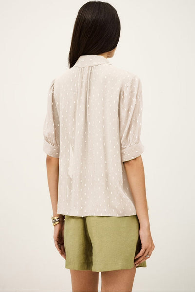 Women's Beige Metallic Jacquard Short Sleeve Button-Down Blouse