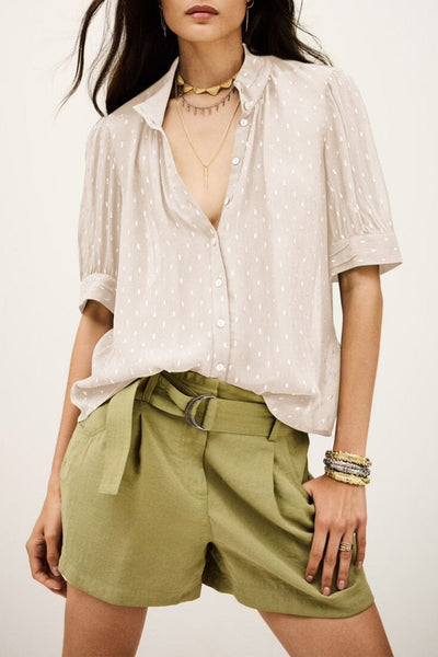 Women's Beige Metallic Jacquard Short Sleeve Button-Down Blouse
