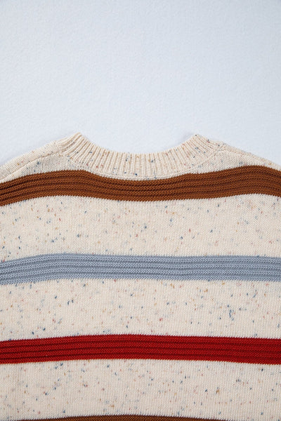 Women's Beige Multi-Stripe Knit Sweater with Wool Blend