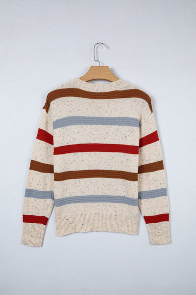 Women's Beige Multi-Stripe Knit Sweater with Wool Blend