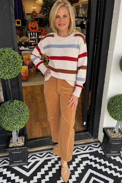 Women's Beige Multi-Stripe Knit Sweater with Wool Blend