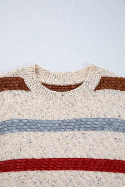 Women's Beige Multi-Stripe Knit Sweater with Wool Blend