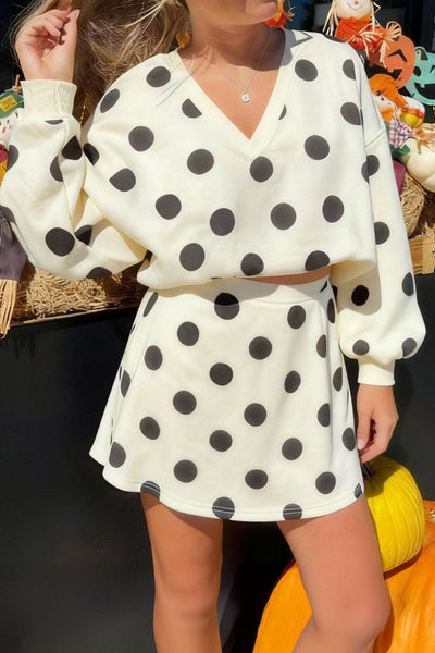 Women's Beige Polka Dot V-Neck Pullover and A-Line Mini Skirt Set