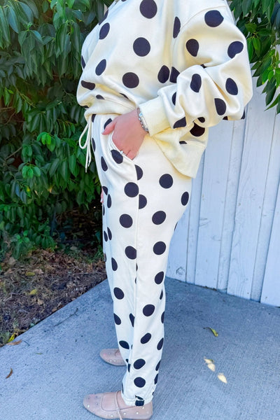 women's beige polka dot women's comfy chic drop shoulder pullover and drawstring jogger set for stylish loungewear with practical styling and