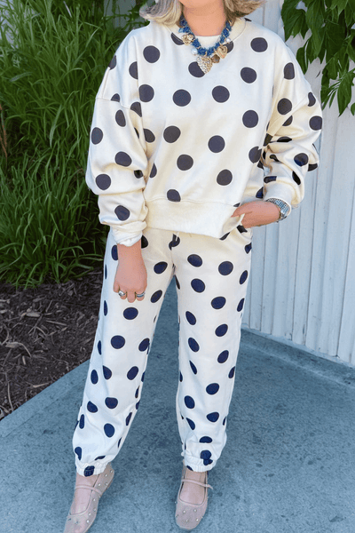 women's beige polka dot women's comfy chic drop shoulder pullover and drawstring jogger set for stylish loungewear with practical styling and