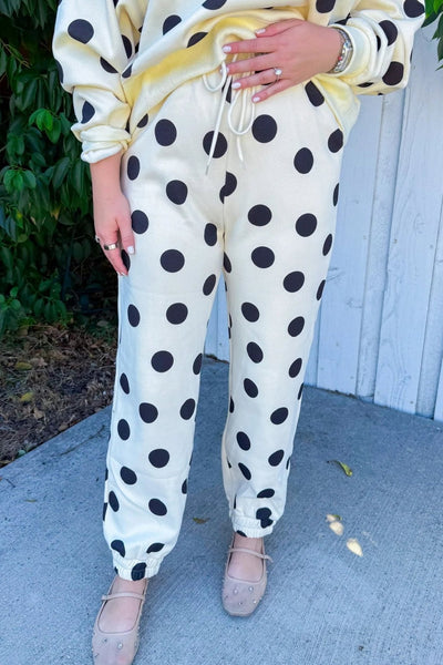 women's beige polka dot women's comfy chic drop shoulder pullover and drawstring jogger set for stylish loungewear with practical styling and