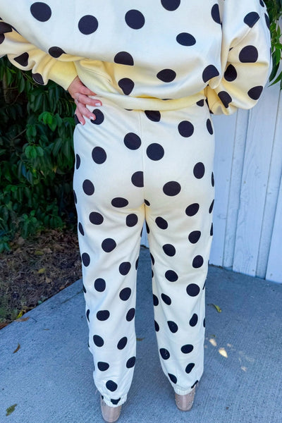 women's beige polka dot women's comfy chic drop shoulder pullover and drawstring jogger set for stylish loungewear with practical styling and