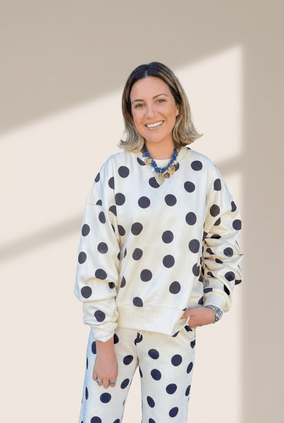 women's beige polka dot women's comfy chic drop shoulder pullover and drawstring jogger set for stylish loungewear with practical styling and
