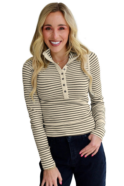 Women's Beige Striped Ribbed Knit Henley Pullover