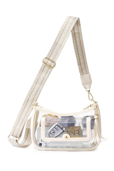 Women's Beige Vegan Leather and Clear PVC Stadium Shoulder Bag with practical styling and dependable silhouette control.