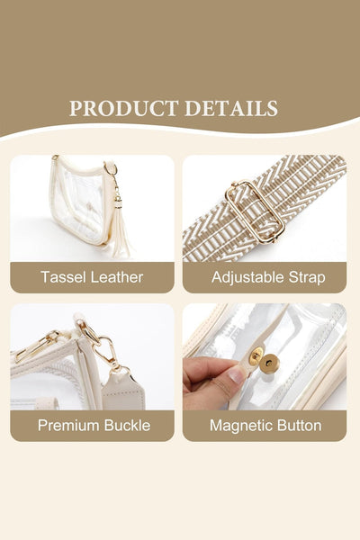 Women's Beige Vegan Leather and Clear PVC Stadium Shoulder Bag with practical styling and dependable silhouette control.