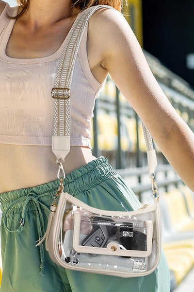 Women's Beige Vegan Leather and Clear PVC Stadium Shoulder Bag with practical styling and dependable silhouette control.