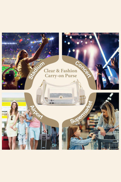 Women's Beige Vegan Leather and Clear PVC Stadium Shoulder Bag with practical styling and dependable silhouette control.