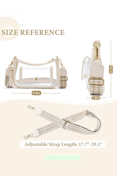 Women's Beige Vegan Leather and Clear PVC Stadium Shoulder Bag with practical styling and dependable silhouette control.