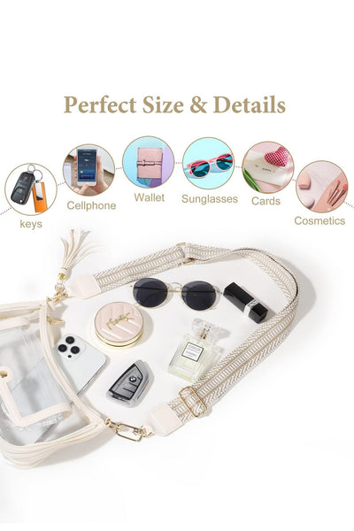 Women's Beige Vegan Leather and Clear PVC Stadium Shoulder Bag with practical styling and dependable silhouette control.