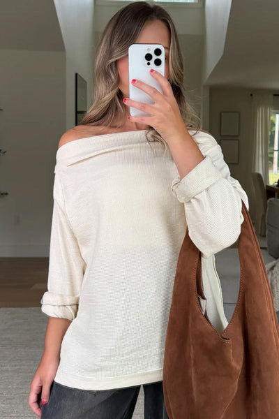 Women's Beige Waffle Knit Asymmetric Neck Long Sleeve Top