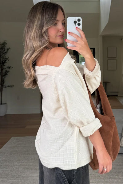 Women's Beige Waffle Knit Asymmetric Neck Long Sleeve Top