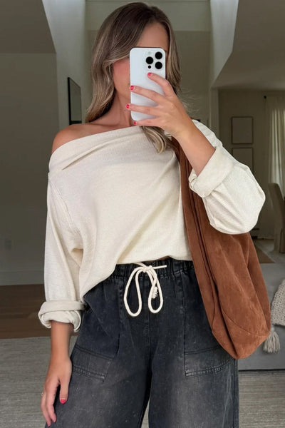 Women's Beige Waffle Knit Asymmetric Neck Long Sleeve Top