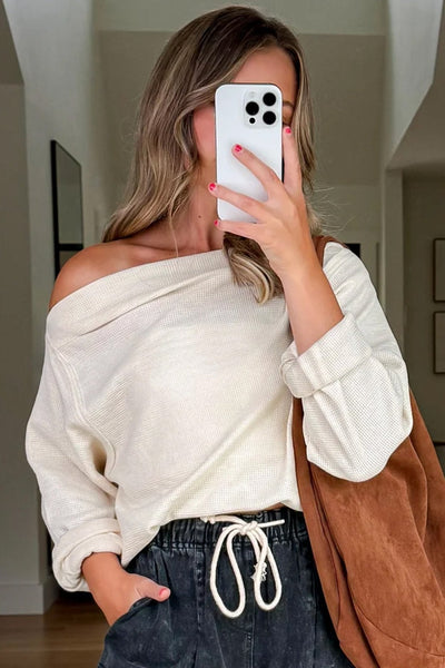 Women's Beige Waffle Knit Asymmetric Neck Long Sleeve Top