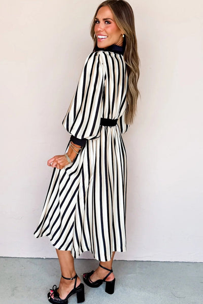 Women's Black and Cream Vertical Stripe Viscose Midi Shirt Dress