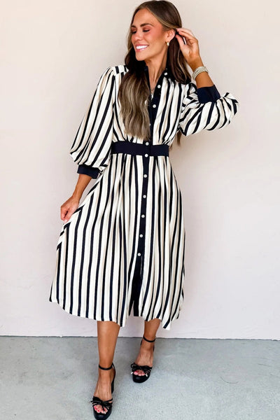 Women's Black and Cream Vertical Stripe Viscose Midi Shirt Dress
