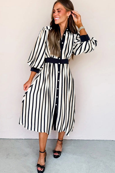 Women's Black and Cream Vertical Stripe Viscose Midi Shirt Dress