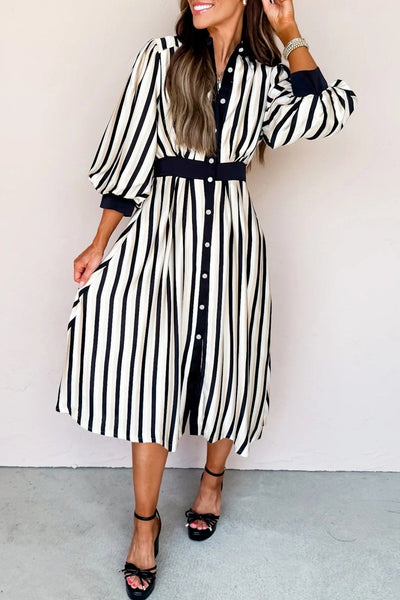 Women's Black and Cream Vertical Stripe Viscose Midi Shirt Dress