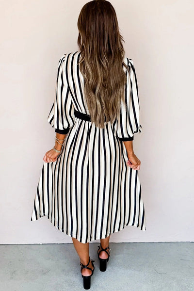 Women's Black and Cream Vertical Stripe Viscose Midi Shirt Dress