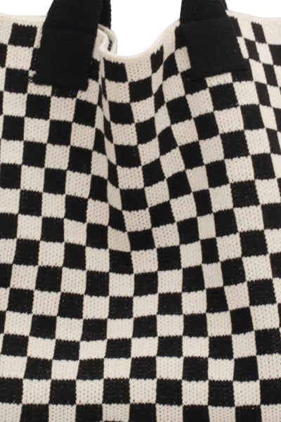 Women's Black and White Checkered Knit Shoulder Tote Bag