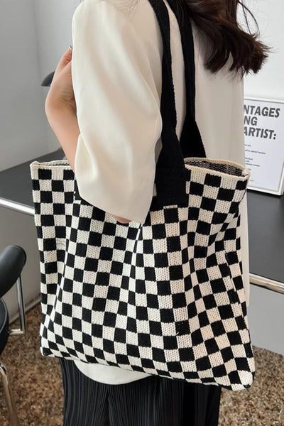 Women's Black and White Checkered Knit Shoulder Tote Bag