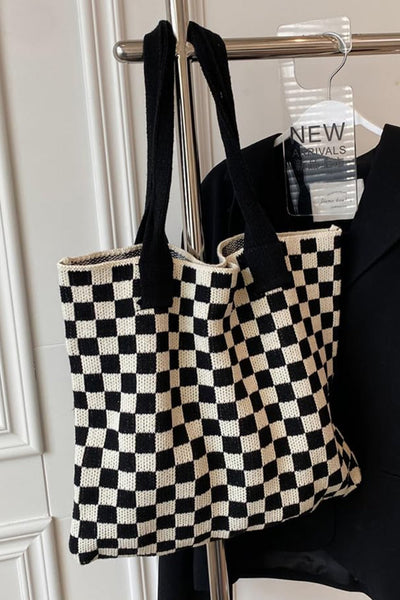 Women's Black and White Checkered Knit Shoulder Tote Bag