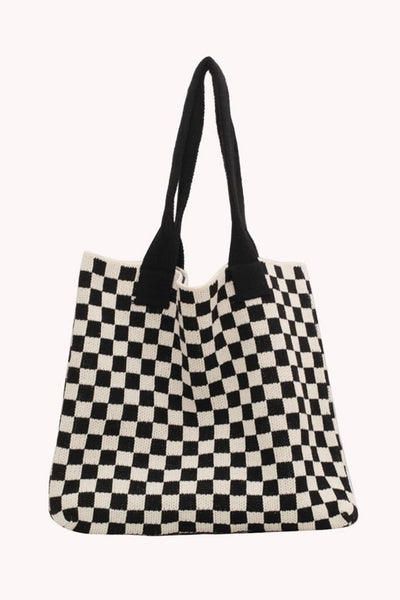 Women's Black and White Checkered Knit Shoulder Tote Bag