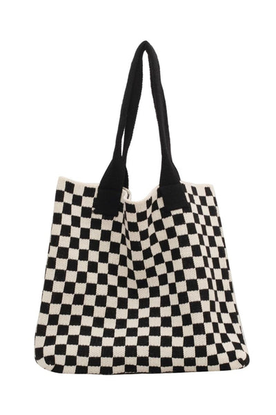 Women's Black and White Checkered Knit Shoulder Tote Bag