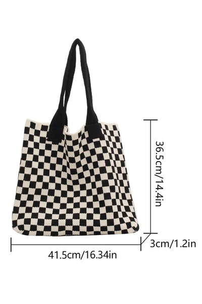 Women's Black and White Checkered Knit Shoulder Tote Bag