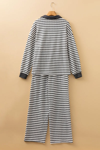 Women's Black and White Striped Cotton-Blend Knit Two-Piece Pant Set