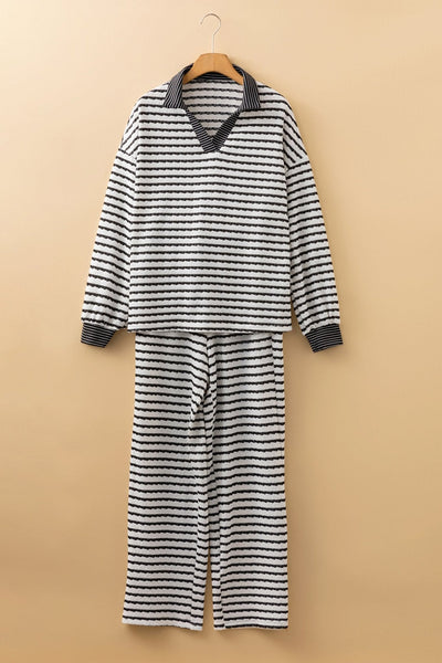 Women's Black and White Striped Cotton-Blend Knit Two-Piece Pant Set