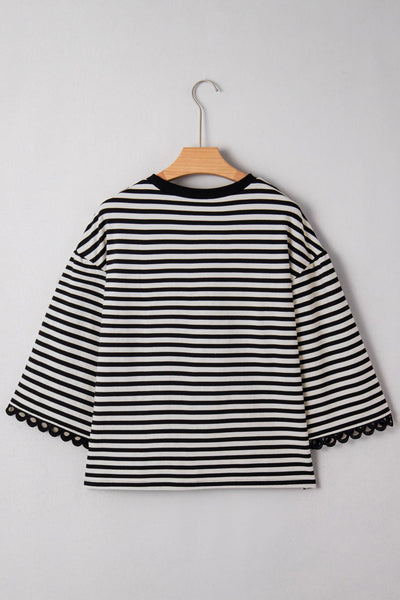 Women's Black and White Striped Lace-Trim Bracelet Sleeve Top