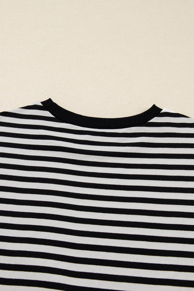 Women's Black and White Striped Lace-Trim Bracelet Sleeve Top