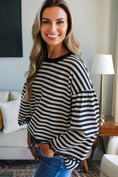 Women's Black and White Striped Lace-Trim Bracelet Sleeve Top