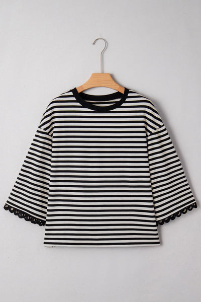 Women's Black and White Striped Lace-Trim Bracelet Sleeve Top
