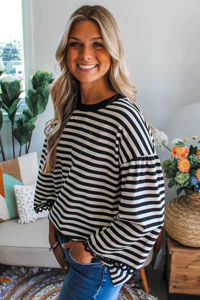 Women's Black and White Striped Lace-Trim Bracelet Sleeve Top
