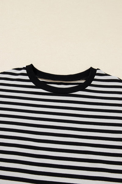 Women's Black and White Striped Lace-Trim Bracelet Sleeve Top