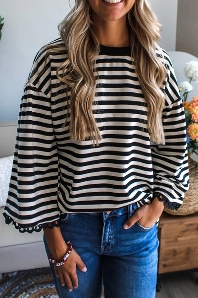 Women's Black and White Striped Lace-Trim Bracelet Sleeve Top