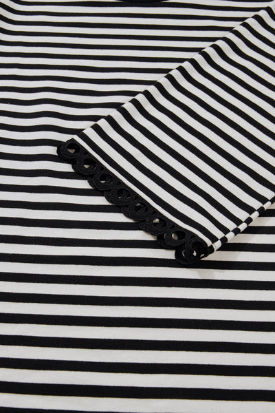 Women's Black and White Striped Lace-Trim Bracelet Sleeve Top