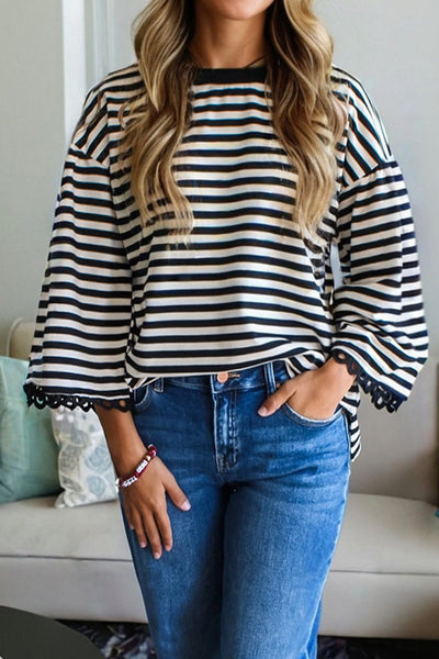 Women's Black and White Striped Lace-Trim Bracelet Sleeve Top