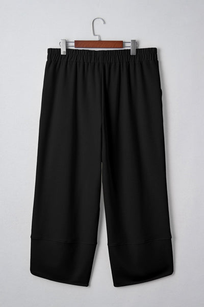 Women's Black Arched Hem Plus Size Capri Pants with Elastic Waist