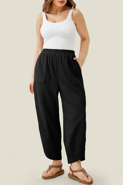 Women's Black Arched Hem Plus Size Capri Pants with Elastic Waist