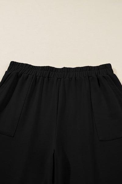 Women's Black Arched Hem Plus Size Capri Pants with Elastic Waist