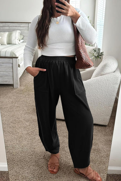 Women's Black Arched Hem Plus Size Capri Pants with Elastic Waist