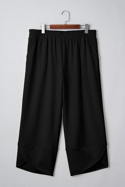 Women's Black Arched Hem Plus Size Capri Pants with Elastic Waist